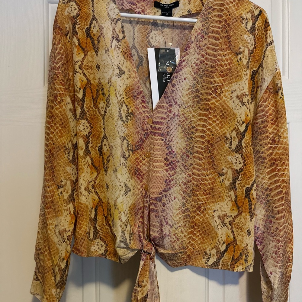 ⭐️ NWT ⭐️ Guess / Marciano Brown Tan Wrap Tie-Front Blouse